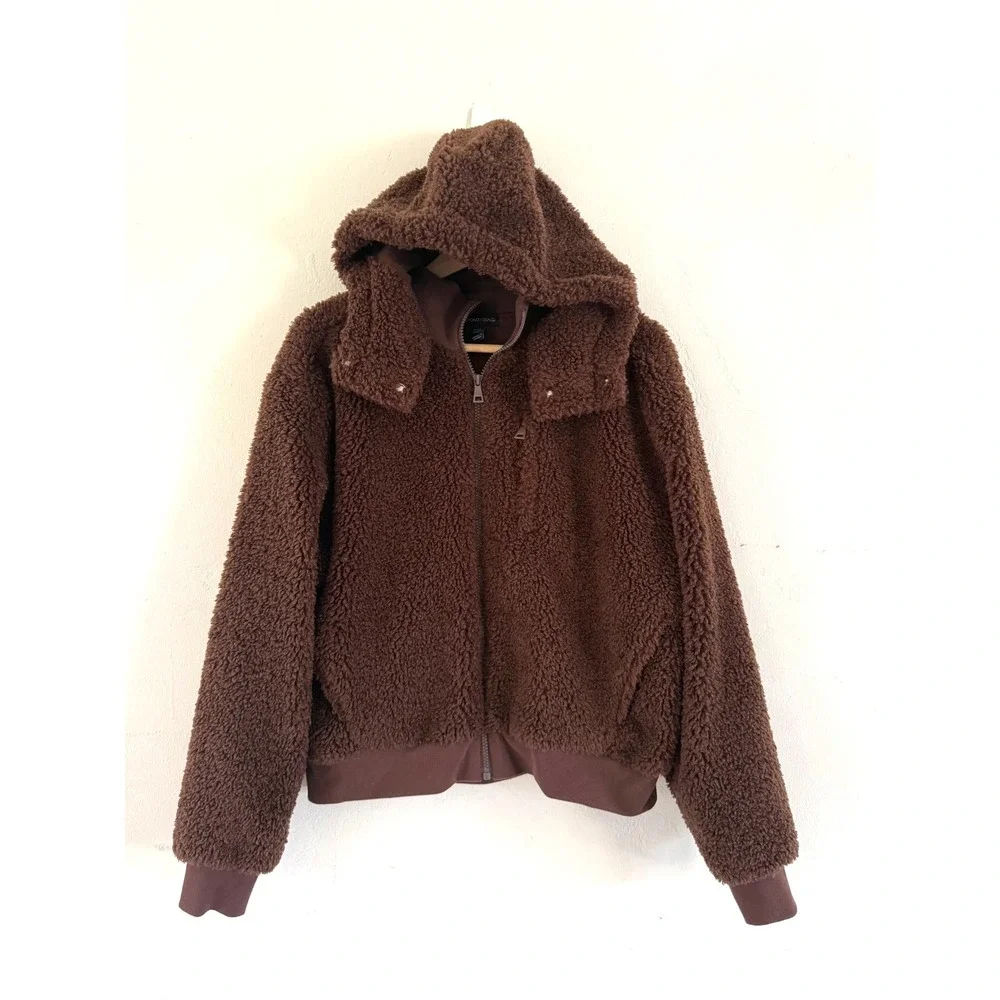 Beyond Yoga Brown Teddy Fleece Bomber Jacket Detachable Hood Womens Medium